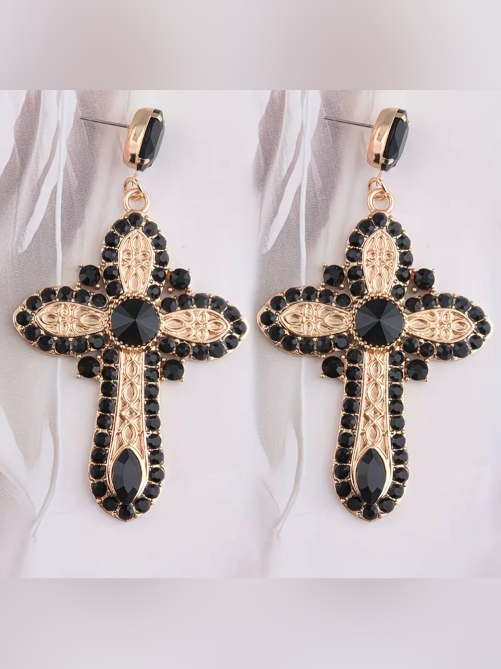 Large Gold and Black Cross Drop Earrings - Women Jewelry